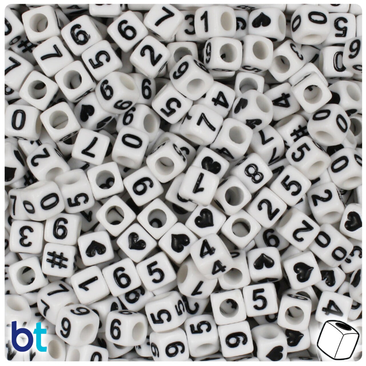 BeadTin White Opaque 6mm Cube Plastic Alpha Beads - Black Number Mix (200pcs)